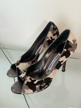 Manolo Blahnik pony hair peep-toe pumps